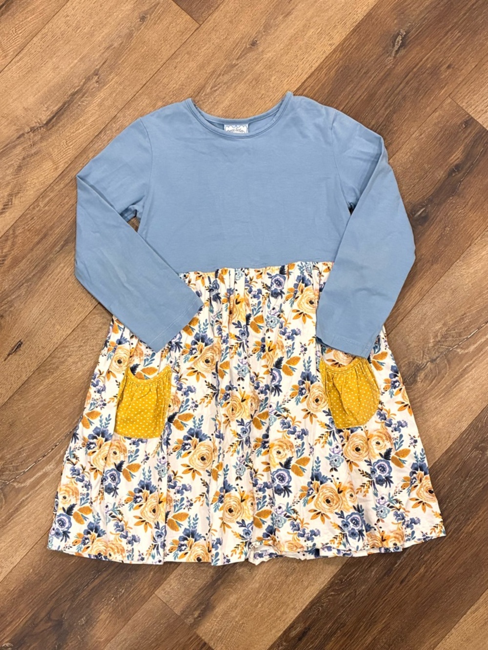 Three Sisters Blue Floral Dress Pockets Fall Outfit Long Sleeves Muted 8 Girl